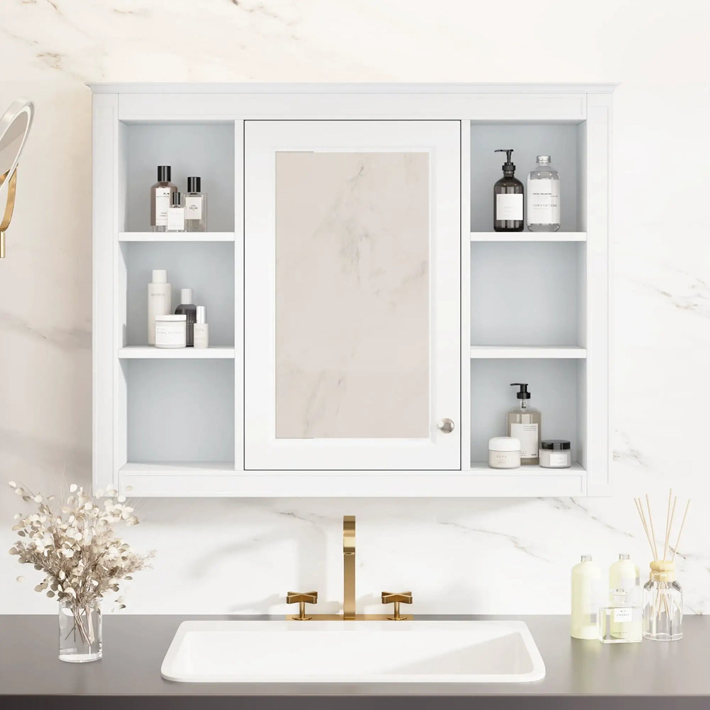 Wall Mounted Medicine Cabinet With Mirror, Storage Cabinet Featuring 6 Open Shelves And Adjustable Interior by Unique Piece Furniture