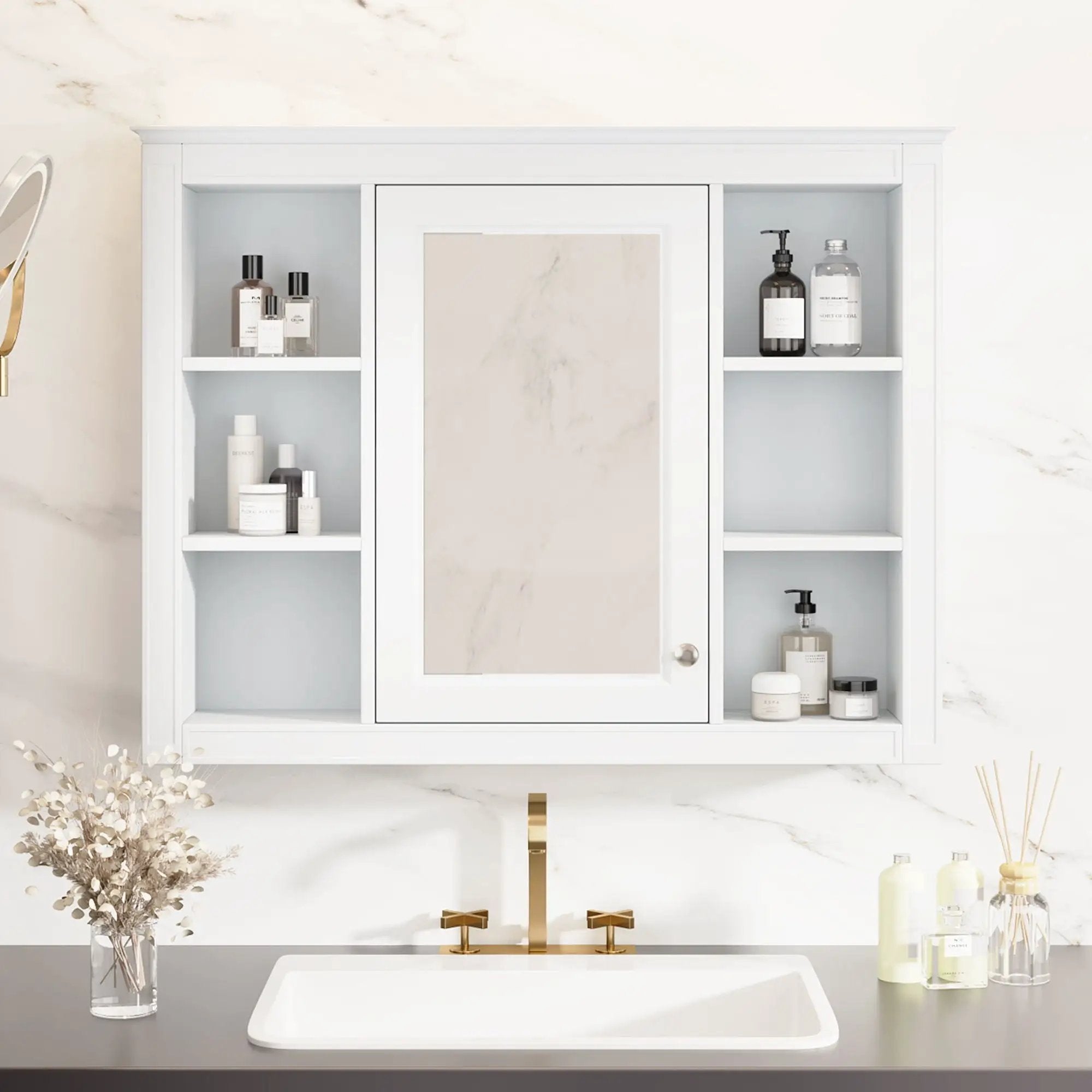Wall Mounted Medicine Cabinet With Mirror, Storage Cabinet Featuring 6 Open Shelves And Adjustable Interior by Unique Piece Furniture