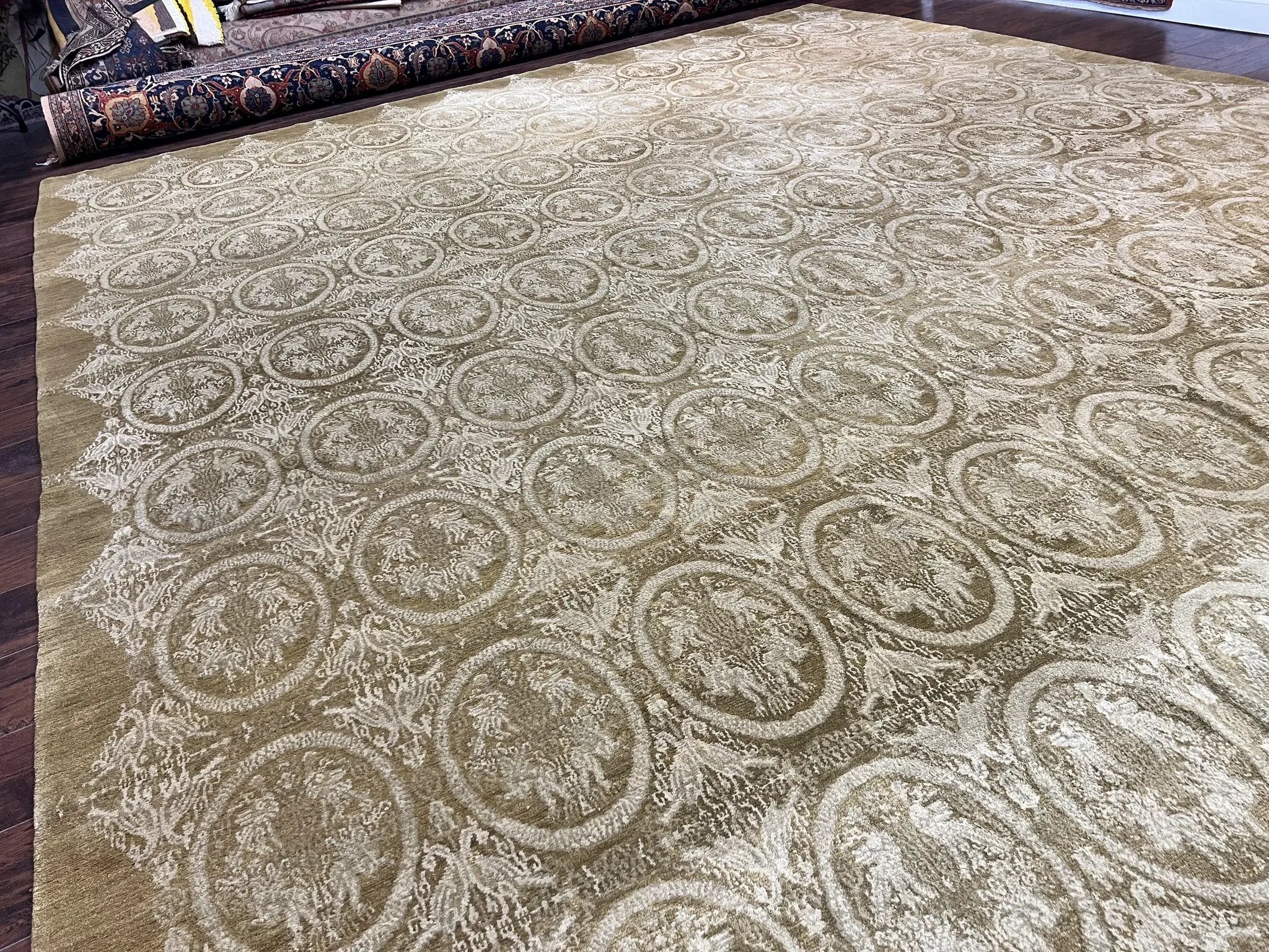 Tibetan Rug 12x15, Wool Hand Knotted Carpet, Odegard Rug, Birds, Olive Green, 12 x 15 Oversized Handmade Contemporary Area Rug, Extra Large by Jewel Rugs