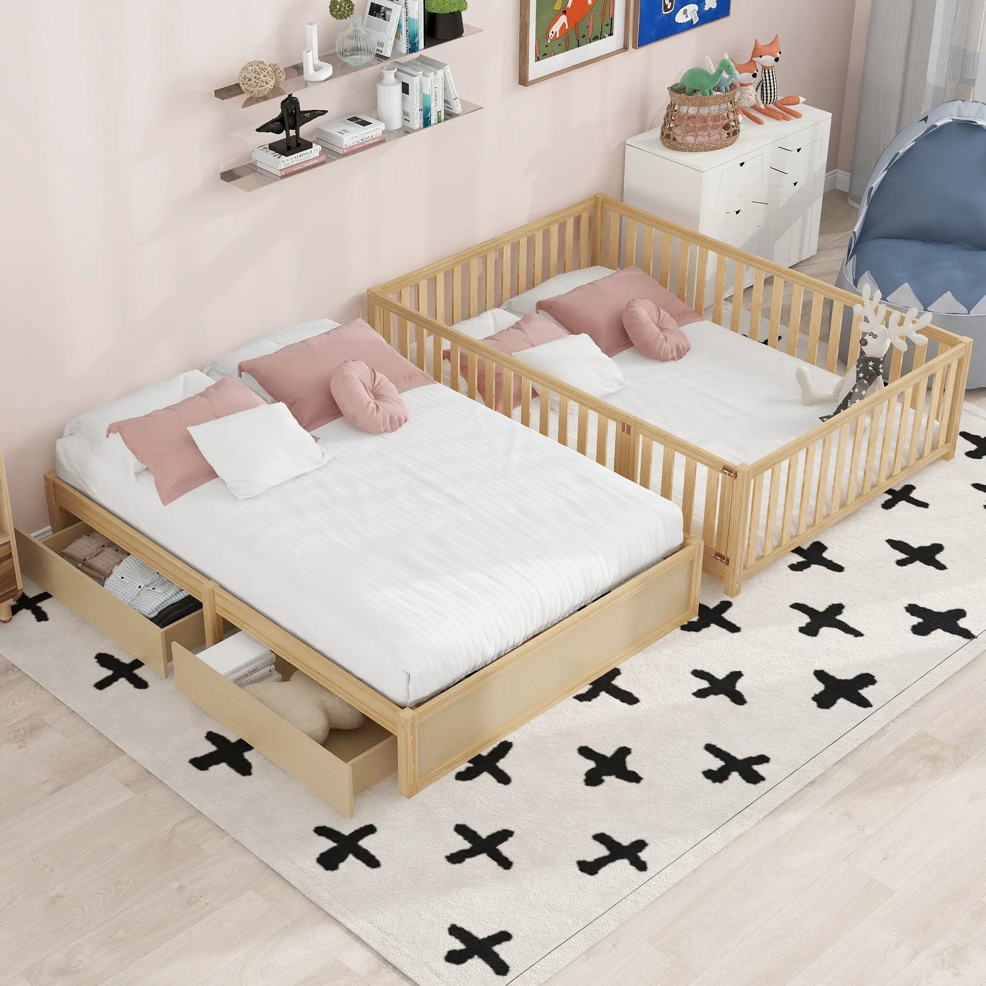 Daybed With Fence Guardrails And 2 Drawers, Split Into Independent Floor Bed & Daybed by HouseOfZazla