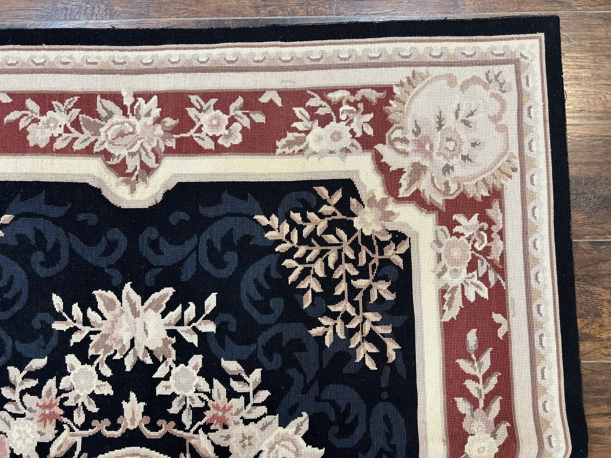 Needlepoint Rug 5x8, Wool Handmade Vintage European Design Carpet, Black & Maroon, French Aubusson Pattern Flatweave Rug by Jewel Rugs