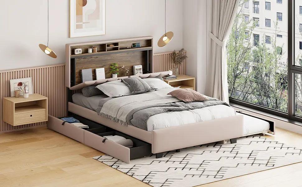 Upholstered Platform Bed With Storage Headboard, Trundle & 2 Drawers And A Set Of Sockets & USB Ports by HouseOfZazla