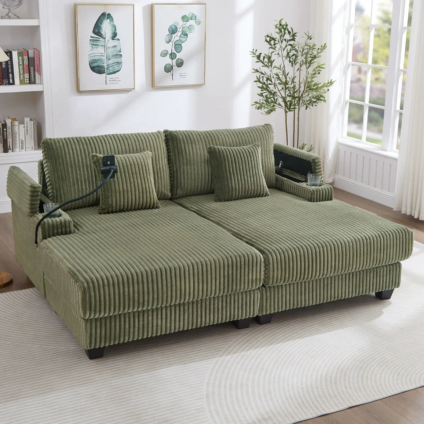 Modern Chaise Sofa With Adjustable Backrest, Cup Holders, Phone Holder & Storage Compartments For Living Room by Unique Piece Furniture