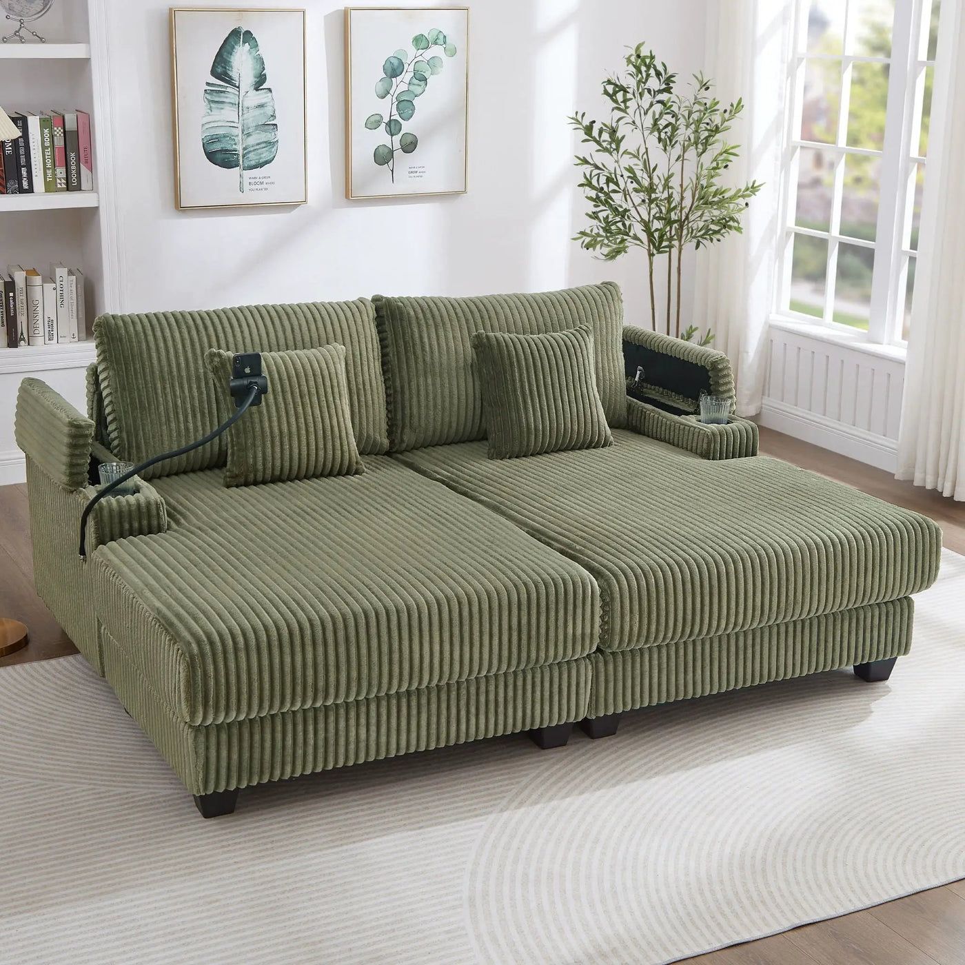 Modern Chaise Sofa With Adjustable Backrest, Cup Holders, Phone Holder & Storage Compartments by HouseOfZazla