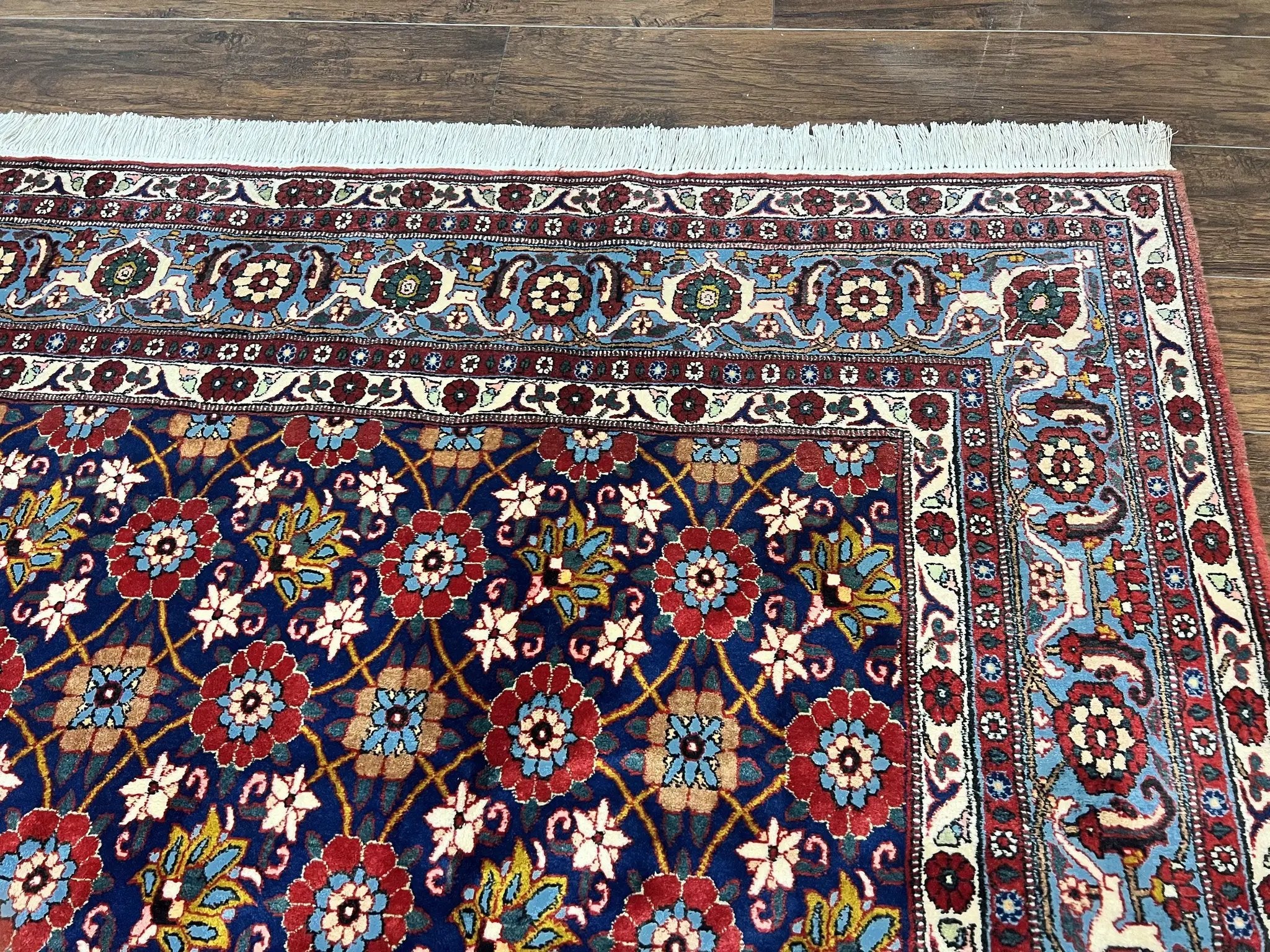Persian Veramin Rug 7x11, Repeated Allover Pattern, Handmade Vintage Carpet, Navy Blue by Jewel Rugs