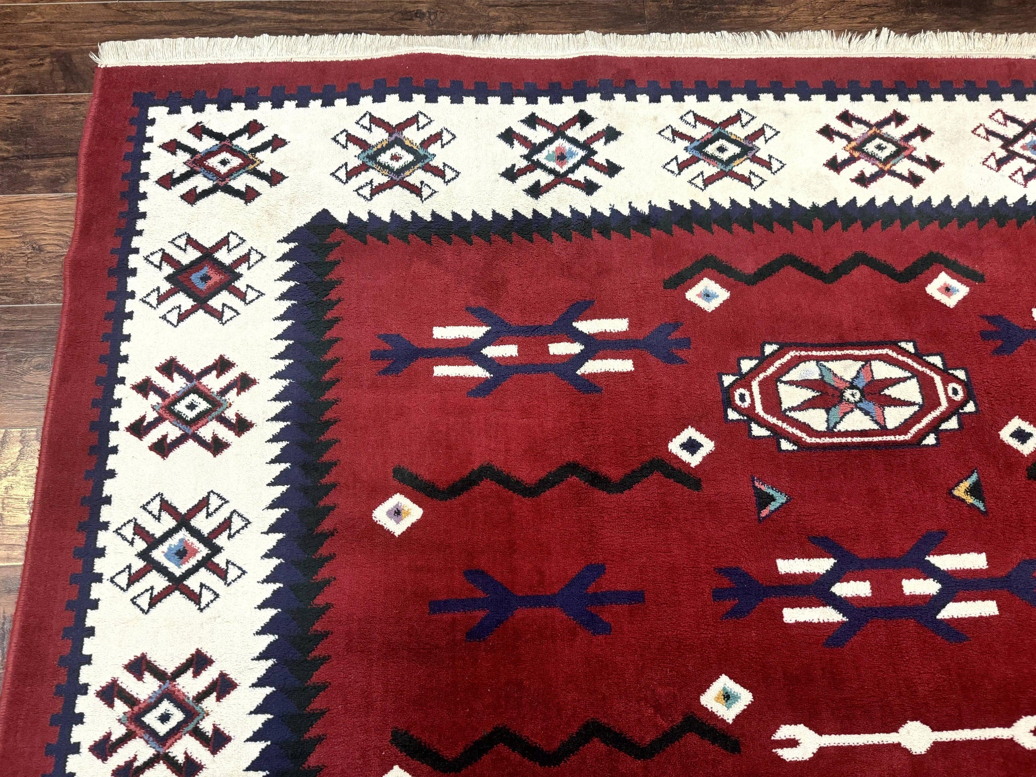 Belgium Power Loomed Rug 8x11, Navajo Native American Design, Dark Red and Ivory, Tribal Rug, Bohemian Carpet by Jewel Rugs