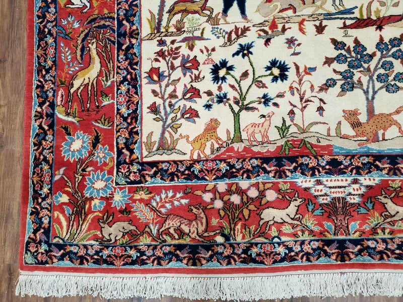 Antique Persian Isfahan Rug 5x7, Animal and Human Pictorials, Hand Knotted Fine Oriental Wool Carpet, Cream and Red, High KPSI, Vintage Rug 5 x 7 ft by Jewel Rugs