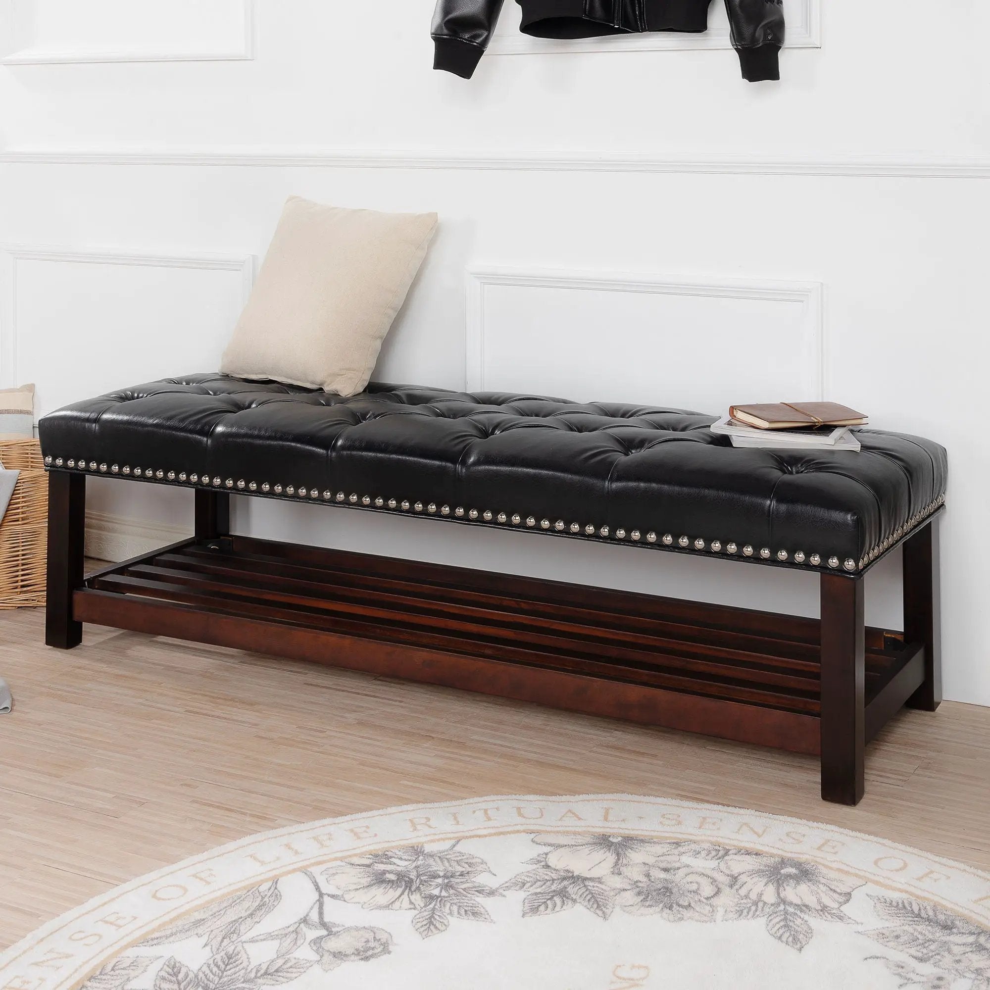 Bedroom End Of Bed Bench Tufted Upholstered End Of Bed Bench End Of Bed Entrance Shoe Bench With Nailhead Trim And Shelf Bedroom Upholstered Bench Living Room Shoe Rack Footstool by Unique Piece Furniture