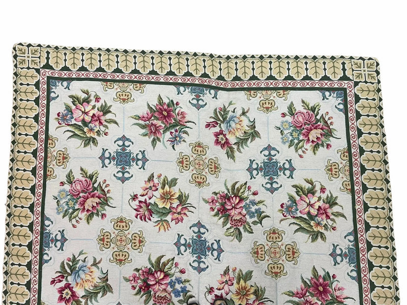 Hand-Knotted Needlepoint Carpet 6x9, Ivory/Cream Background, Colorful Flowers, Yellow Border, Aubusson Rug 6 x 9, New, Handmade by Jewel Rugs