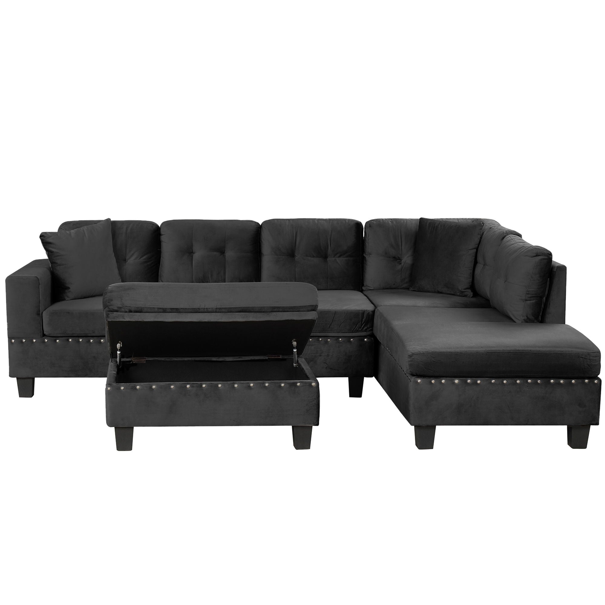 Modern Sectional Sofa With Storage Ottoman, L - Shape Couch With 2 Pillows And Cup Holders by HouseOfZazla