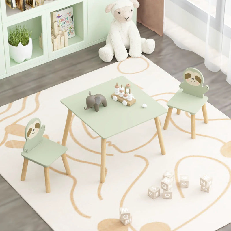 Sloth Themed Table And Chair Set With 2 Cute Animal Chairs - Natural Wood / Sage Green by HouseOfZazla