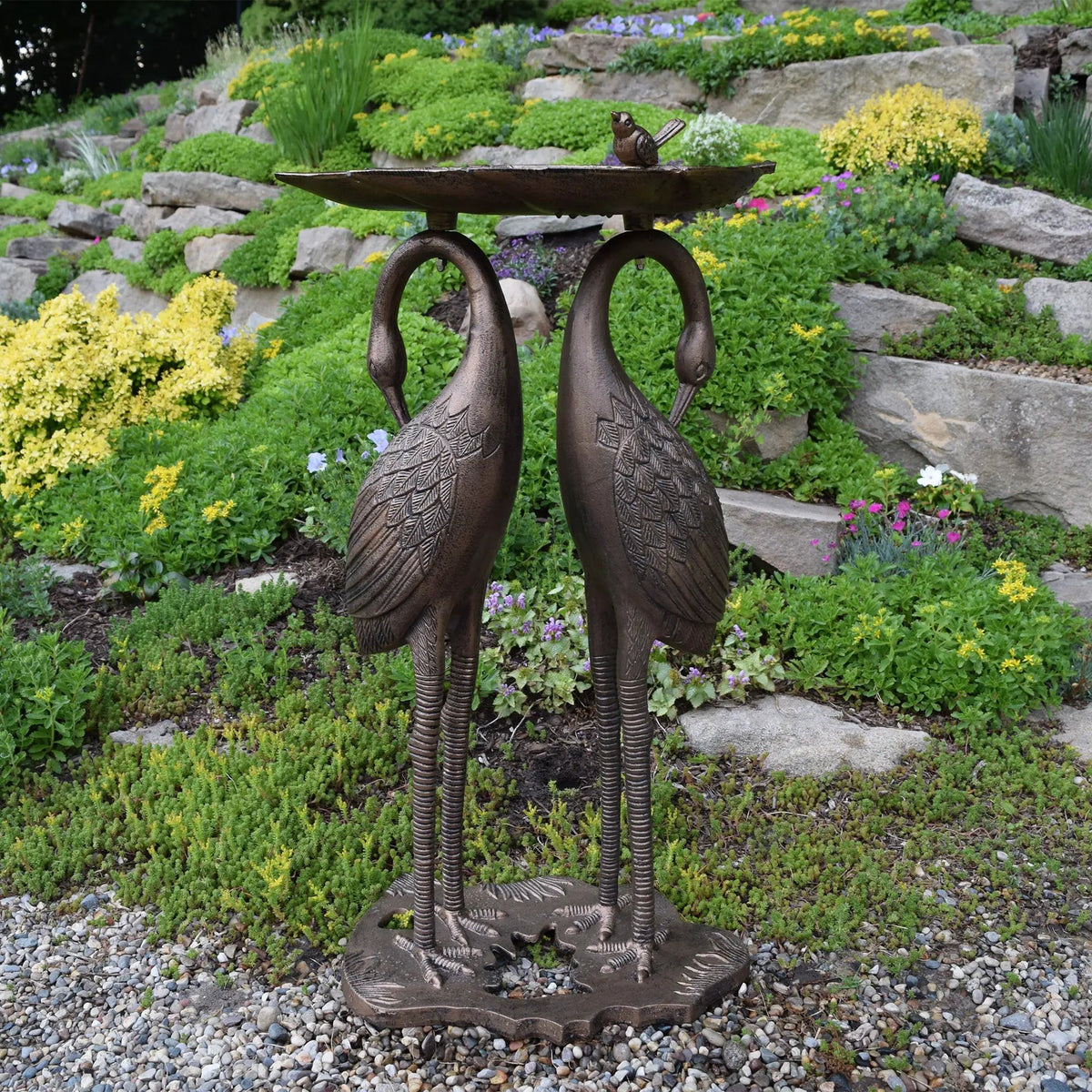 Cast Aluminum 30-in Twin Crane Bird Bath with Leaf Bowl by Sharicks