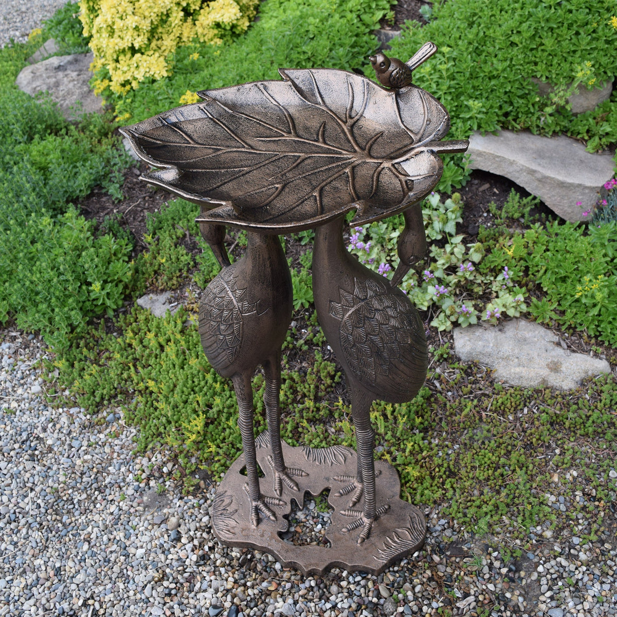 Cast Aluminum 30-in Twin Crane Bird Bath with Leaf Bowl by Sharicks