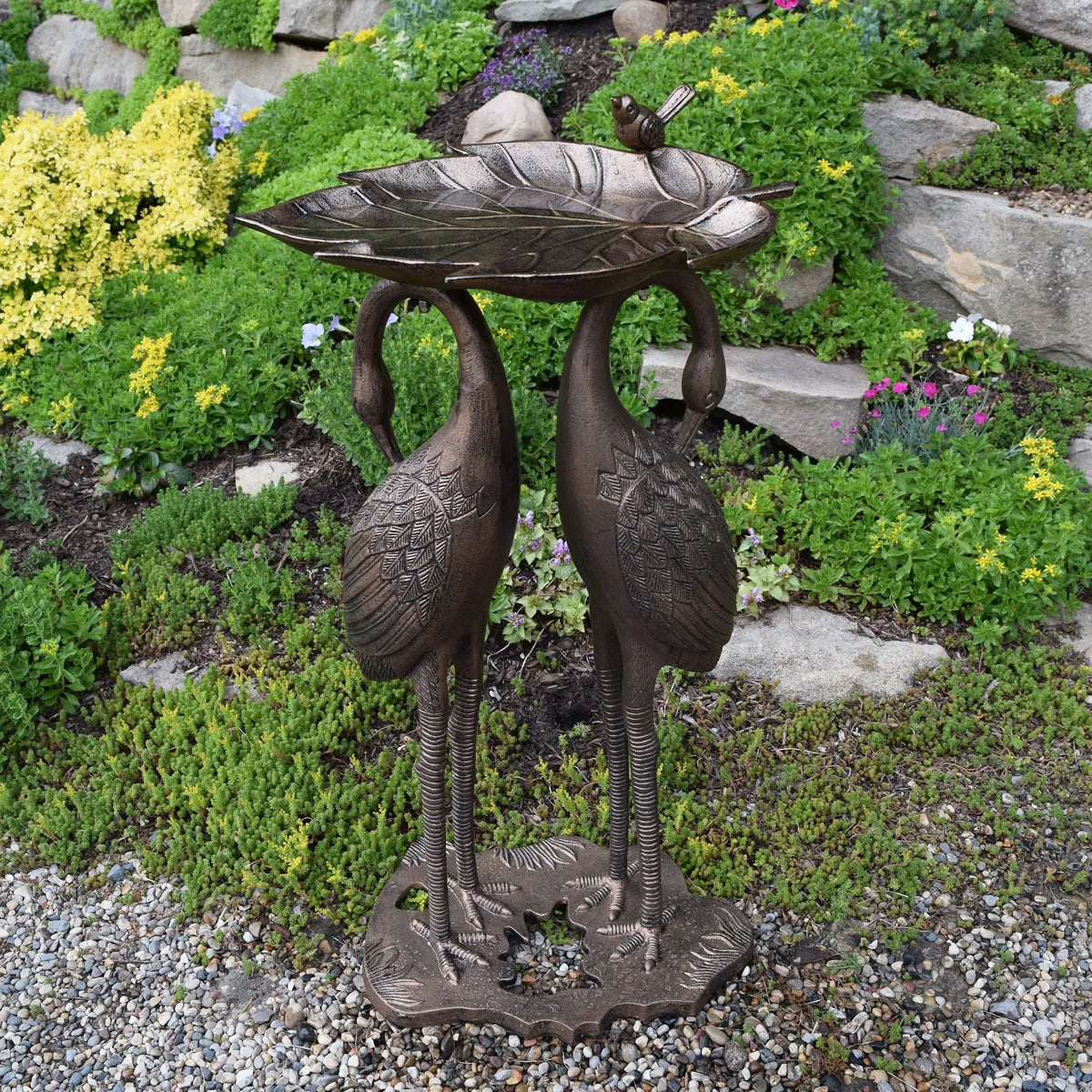 Cast Aluminum 30-in Twin Crane Bird Bath with Leaf Bowl by Sharicks