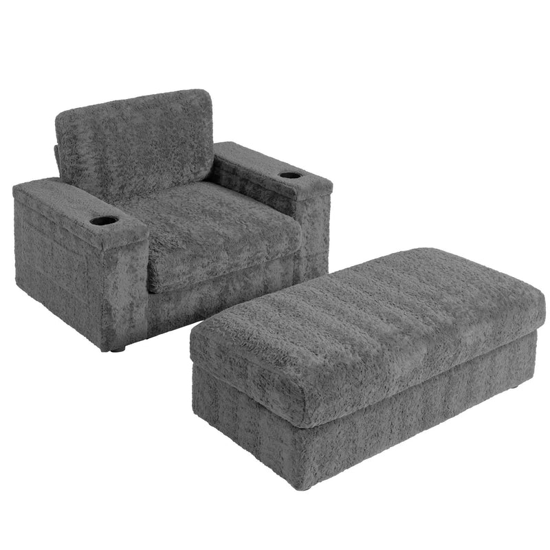 Oversized Chaise Lounge Indoor Rabbit Fur Sofa Bed With Storage Ottoman And Armrests Cup Holders With Deep Seat by HouseOfZazla