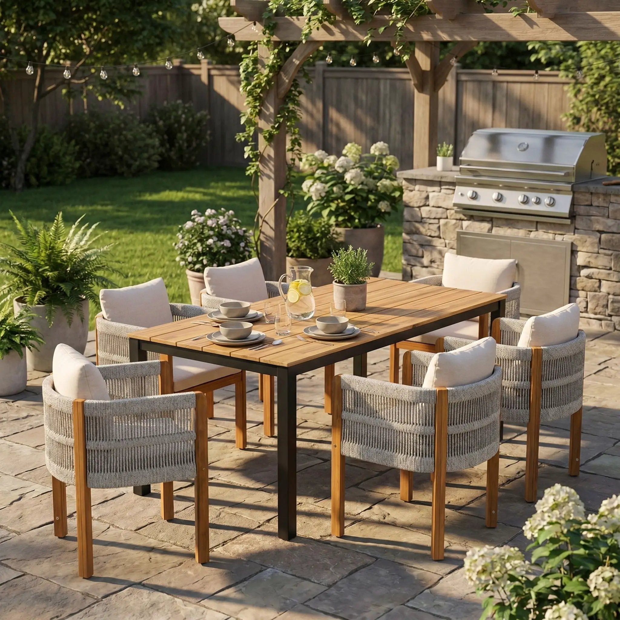 7 Piece Outdoor Dining Set With Table And 6 Chairs - Beige / Teak / White by HouseOfZazla