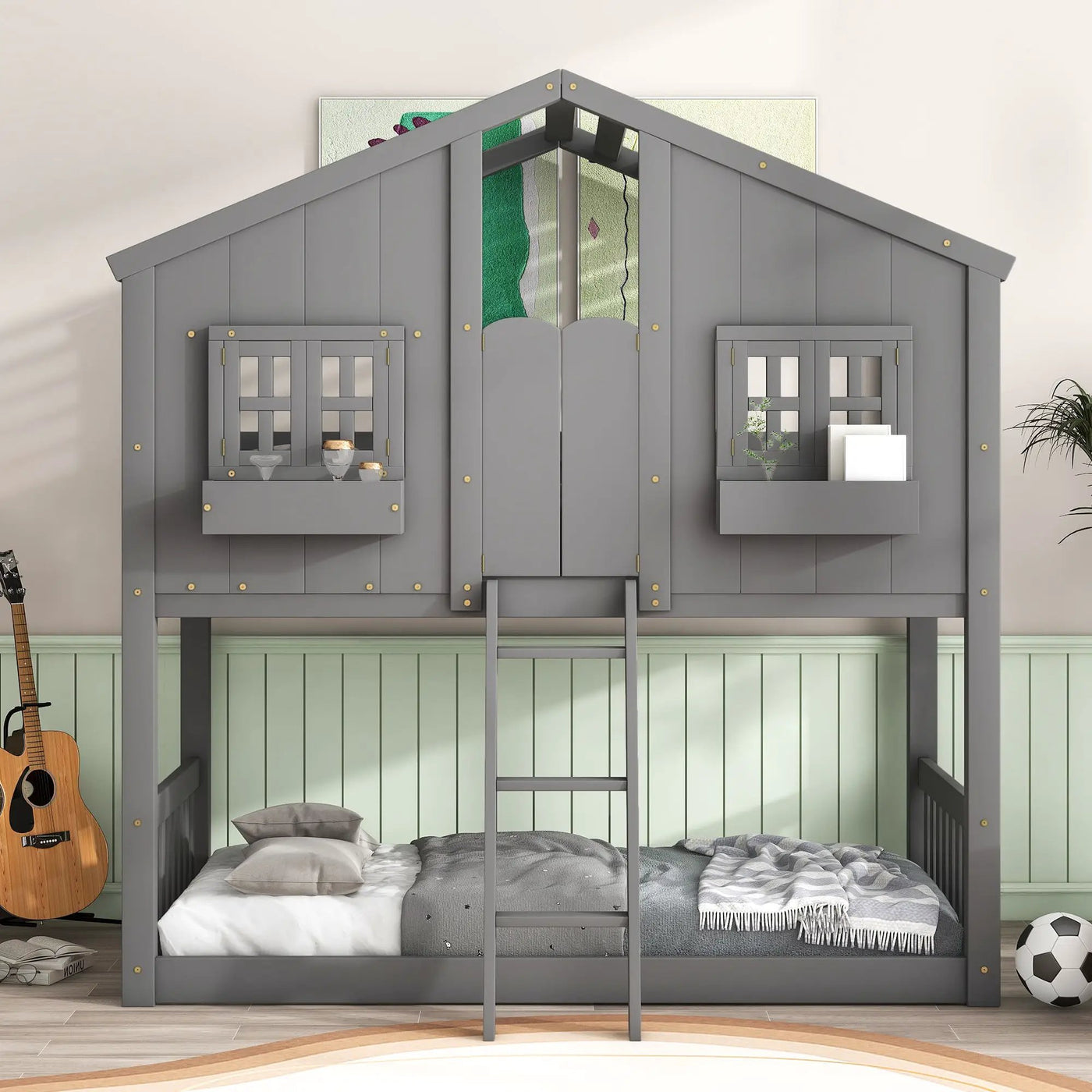 House Bunk Bed With Roof, Window, Window Box, Door, With Safety Guardrails And Ladder by Unique Piece Furniture