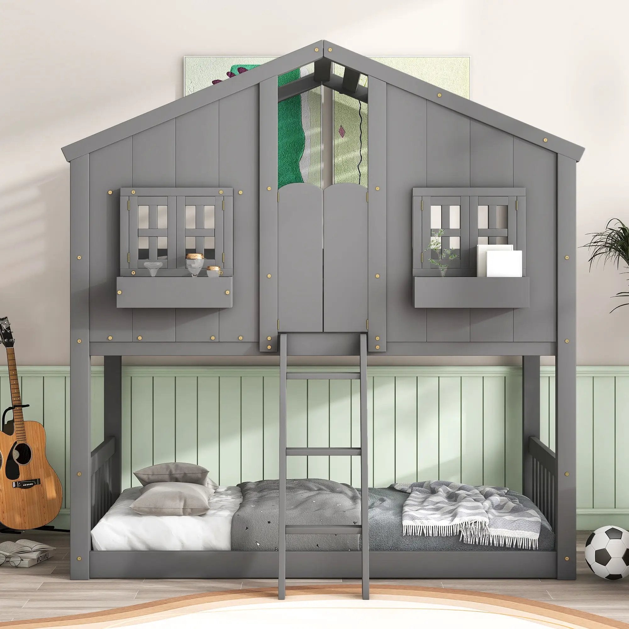 House Bunk Bed With Roof, Window, Window Box, Door, With Safety Guardrails And Ladder by HouseOfZazla