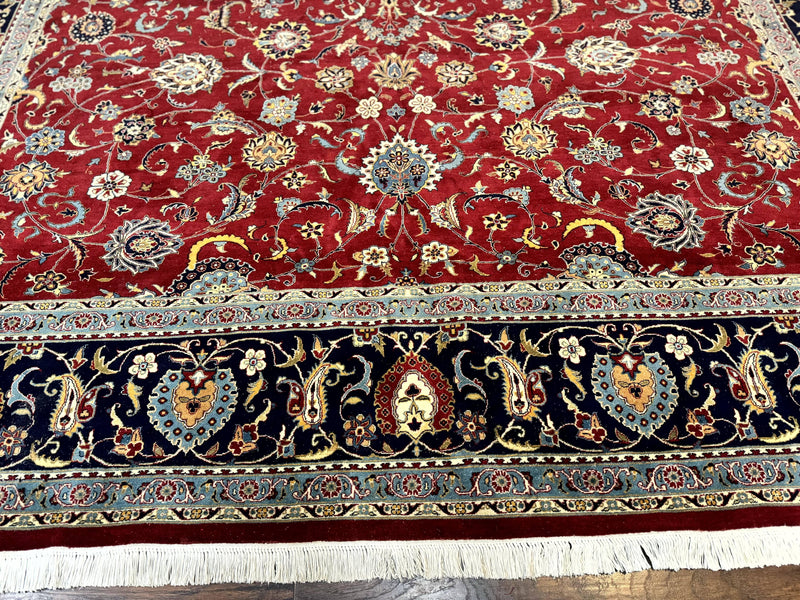 Pak Persian Rug 9x12, Red and Navy Blue, Floral Allover, Hand Knotted Vintage Wool Carpet, Fine 260 KPSI by Jewel Rugs