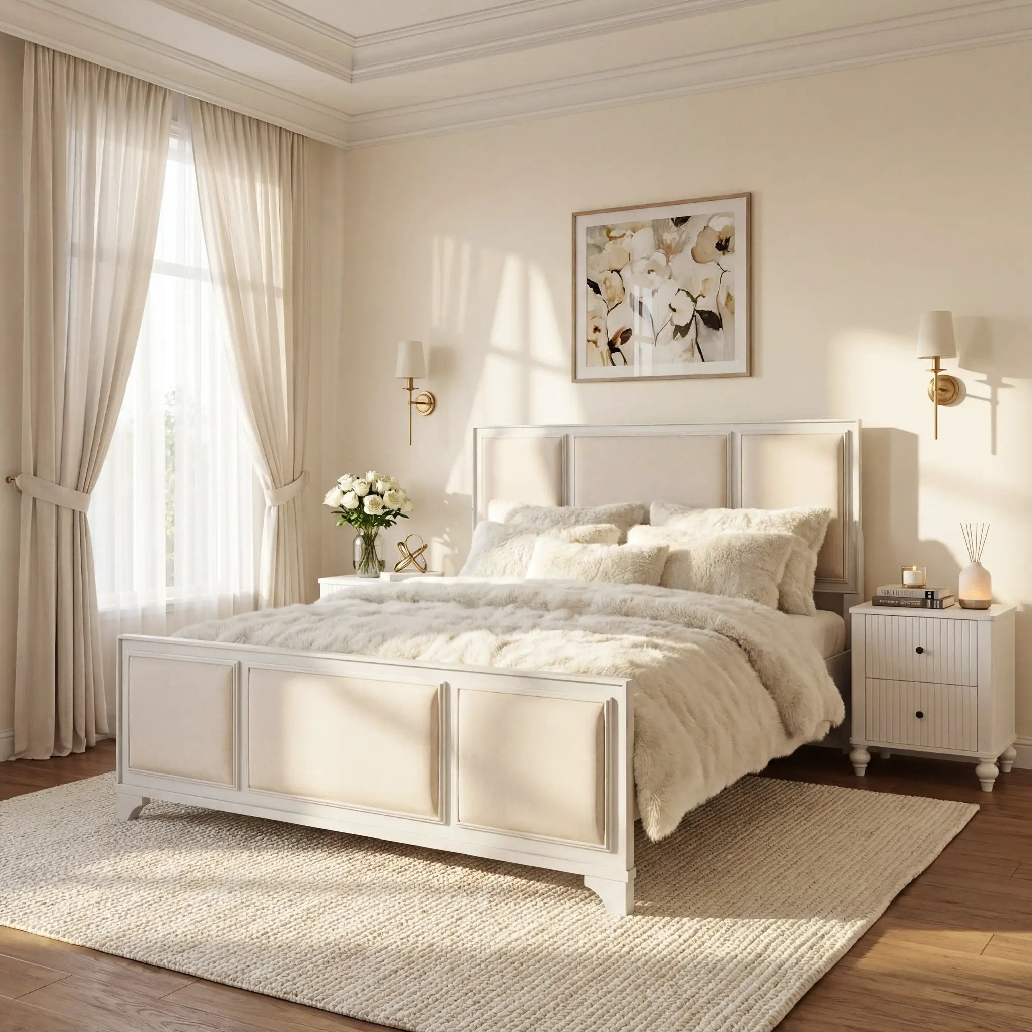 Queen Size Wooden Bed Frame with Upholstered Headboard by HouseOfZazla