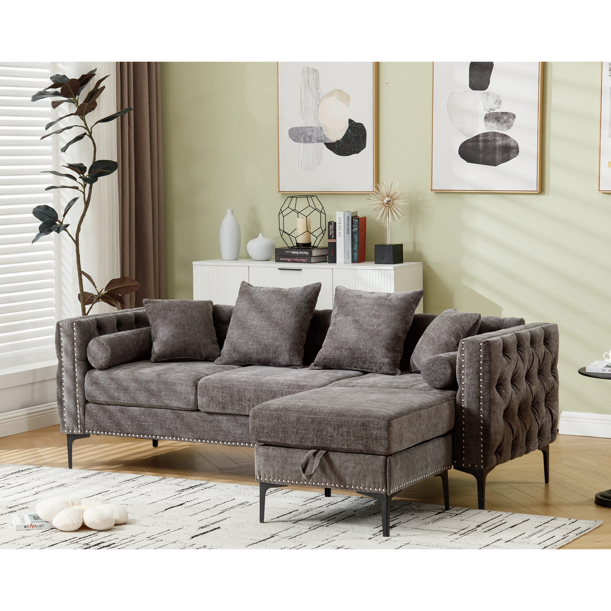 L Shaped Sectional Convertible Sofa with Storage Ottoman and Modern Tufted style by BLAKHOM