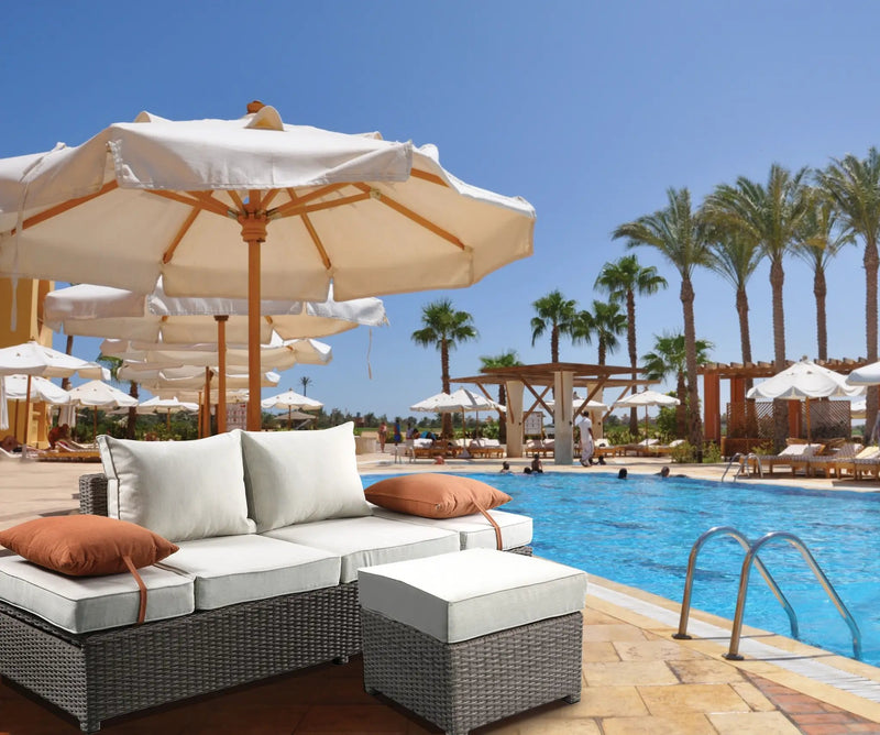 Salena - All Weather Wicker Patio Sofa & Ottoman With 2 Toss Pillows - Beige / Gray by Unique Piece Furniture