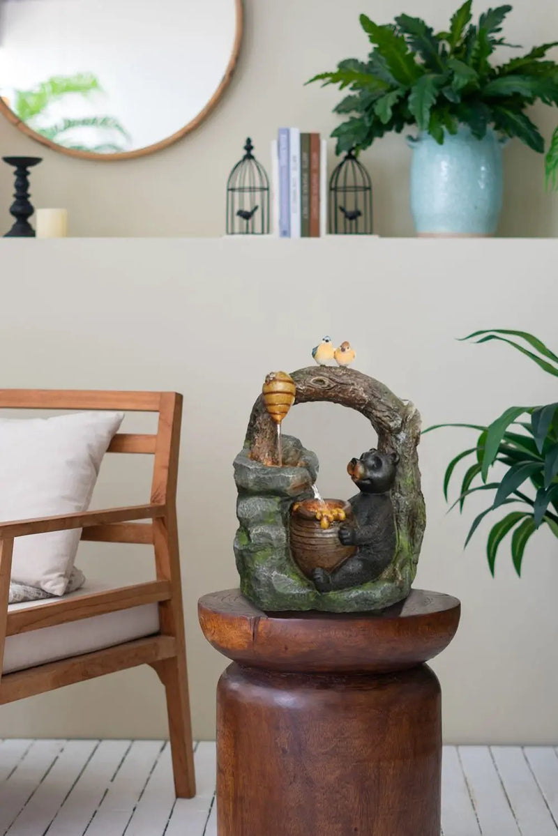 Decorative Two Tiered Water Fountain With Woodland Animal Design, Outdoor Fountain With Light And Pump - Dark Gray by HouseOfZazla