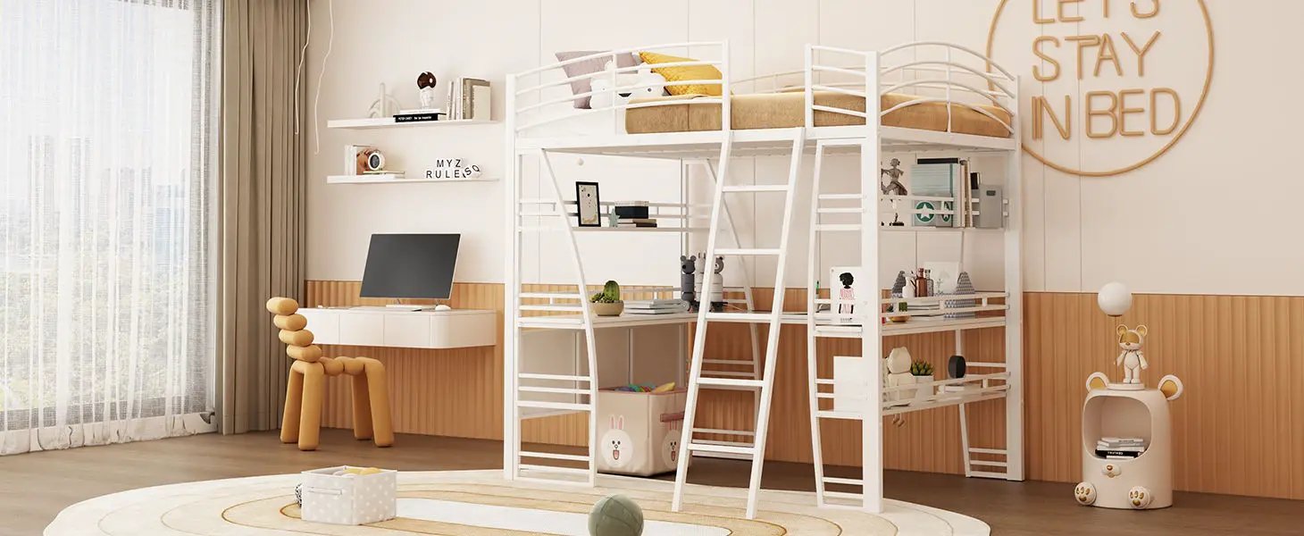 Loft Bed With 4 Layers Of Shelves And L-Shaped Desk, Stylish Metal Frame Bed With A Set Of Sockets, USB Ports And And Wireless Charging by HouseOfZazla