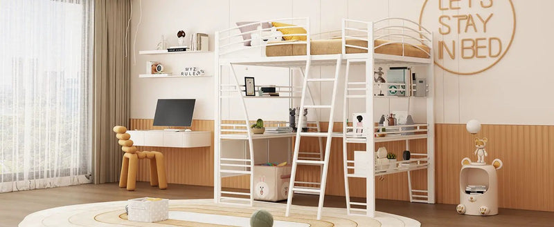 Loft Bed With 4 Layers Of Shelves And L-Shaped Desk, Stylish Metal Frame Bed With A Set Of Sockets, USB Ports And And Wireless Charging by HouseOfZazla