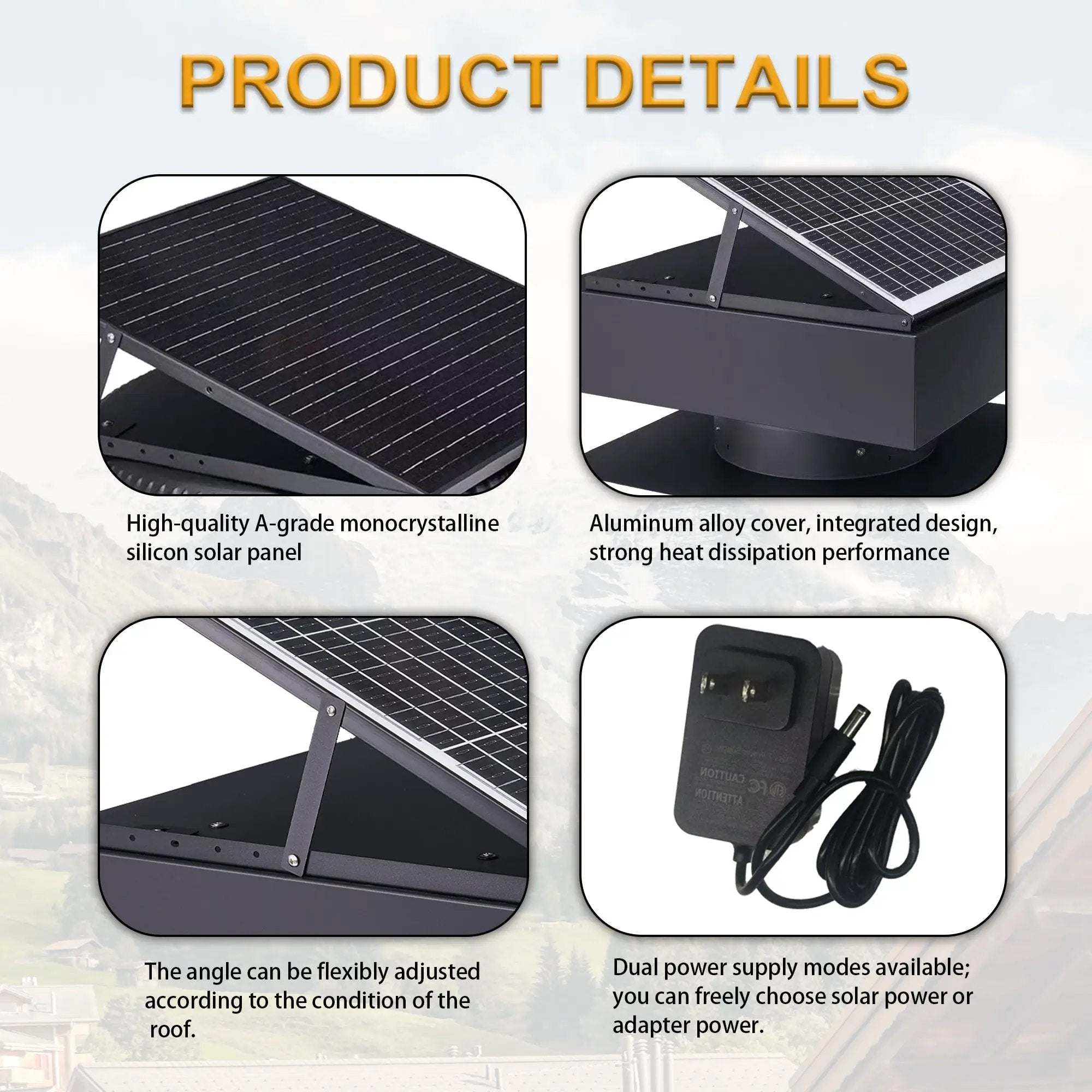 14" Adjustable Square Solar Roof Exhaust Fan, 60W Dual Power Attic Ventilator by HouseOfZazla