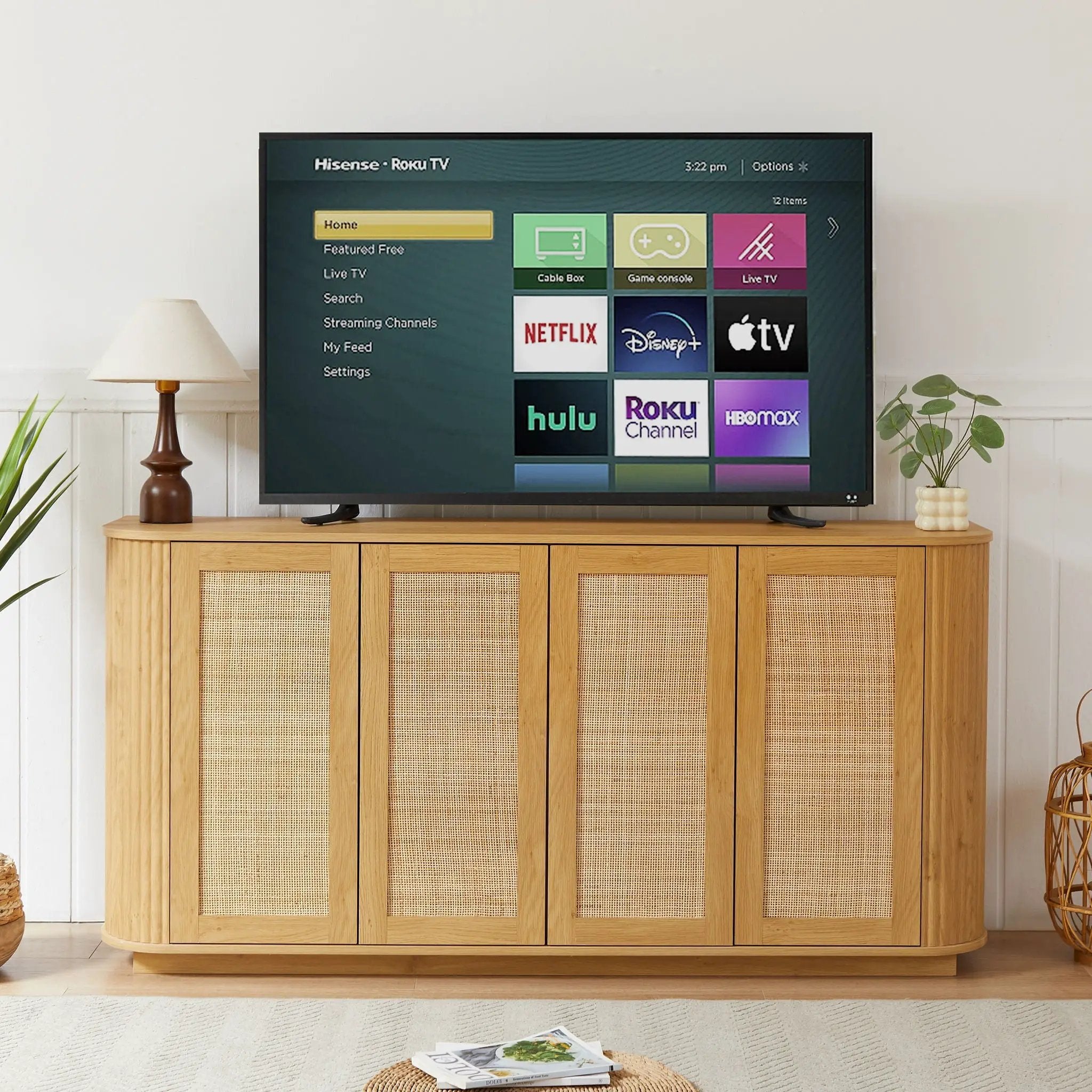 Contemporary Wave Shaped TV Stand With Rattan Doors by Unique Piece Furniture