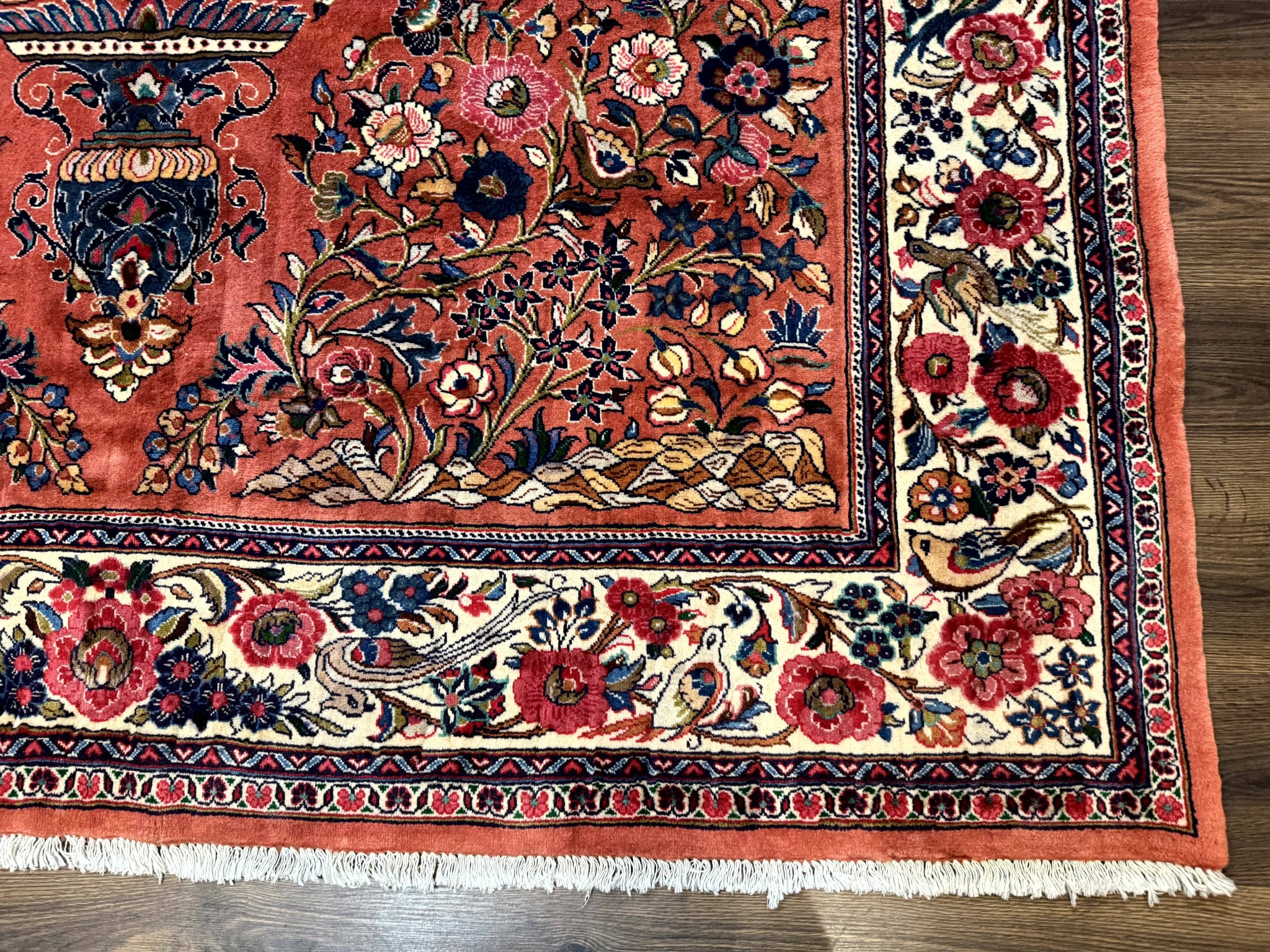 Persian Sarouk Rug 7x10, Red and Ivory, Floral Bouquets, Birds by Jewel Rugs