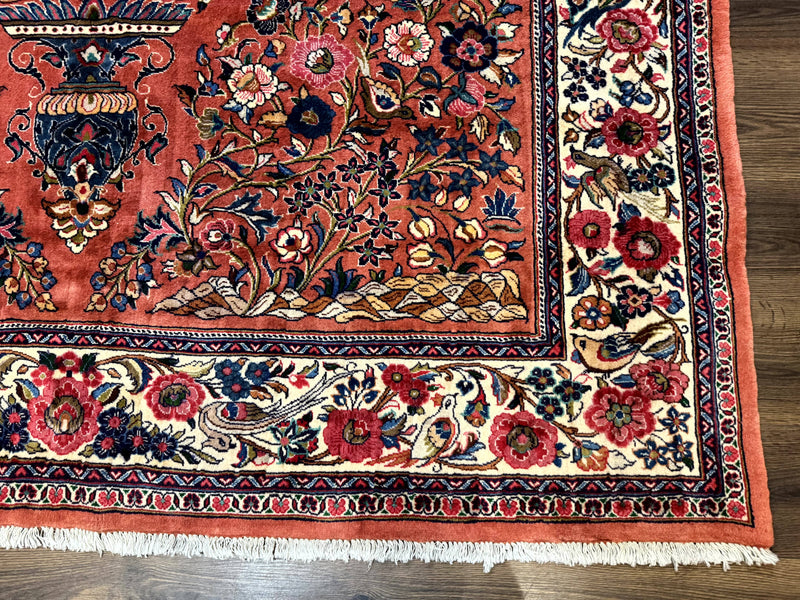 Persian Sarouk Rug 7x10, Red and Ivory, Floral Bouquets, Birds by Jewel Rugs