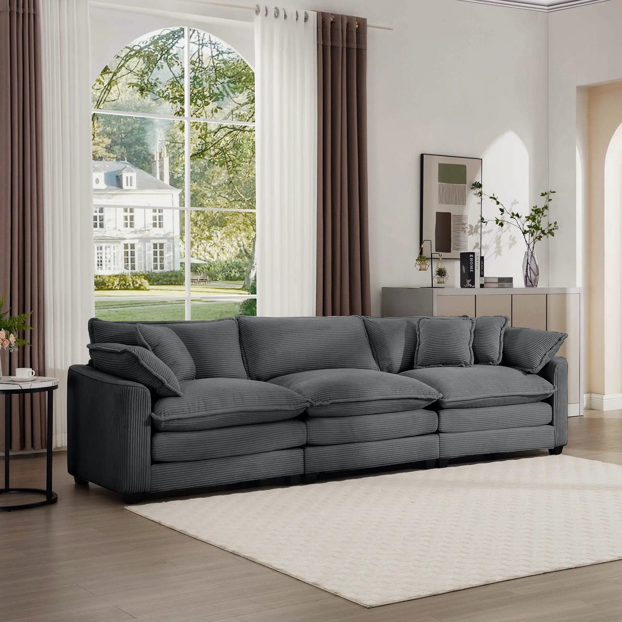 Mid-Century Modern 3 Seater Sectional Sofa With Arm And Throw Pillows by Unique Piece Furniture