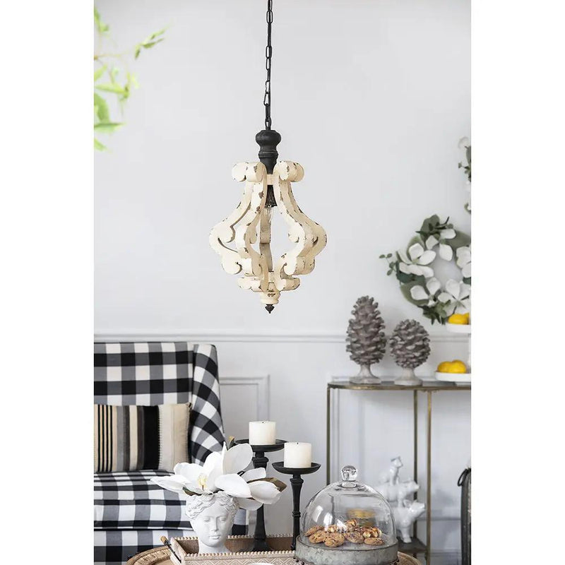 Farmhouse Chandeliar Distressed Pendant French Country Wood Chandelier For Living Room Foyer, Bulb Not Included - Antique Cream by HouseOfZazla