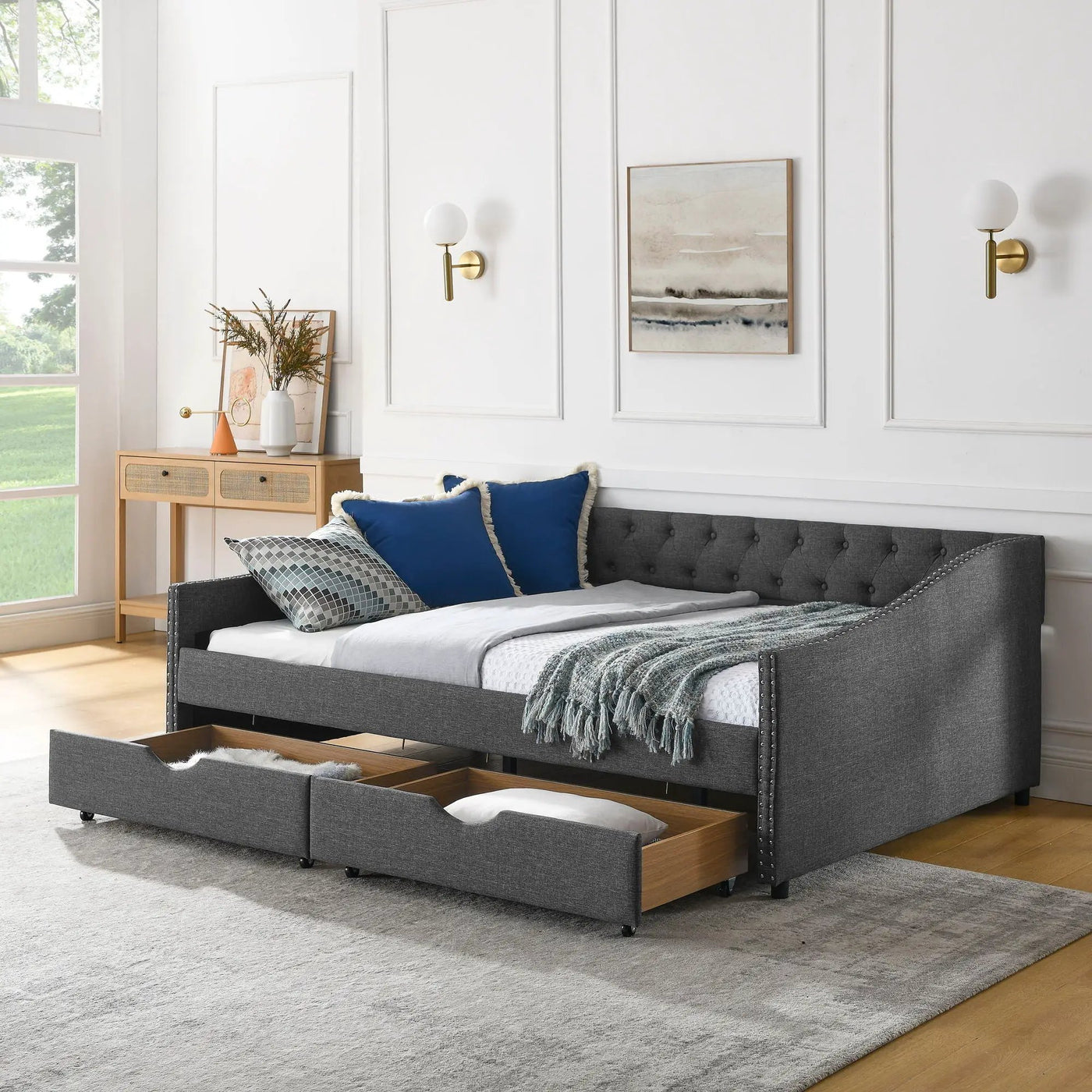 Upholstered Tufted Daybed With Drawers, Waved Arms by Unique Piece Furniture