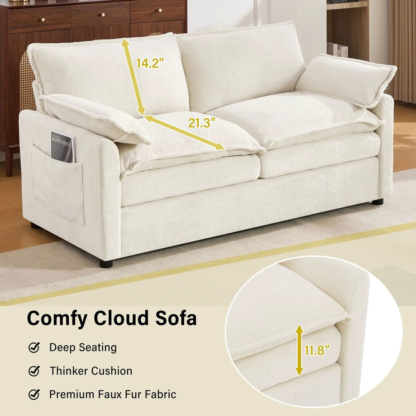 Modern Loveseat Sofa, Upholstered Couch With Side Storage Pockets by HouseOfZazla