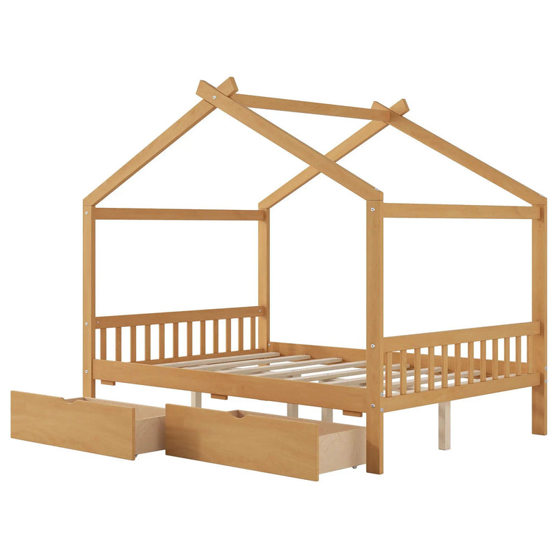 House Style Platform Bed With Headboard, Footboard, 2 Drawers, And Roof Design by HouseOfZazla