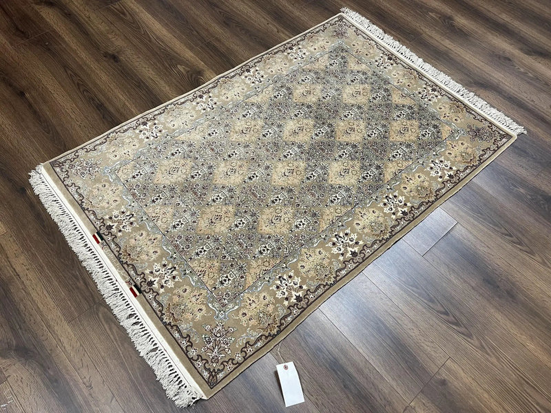 Super Fine Persian Isfahan Rug 3x5 ft, Kork Wool on Silk Foundation, Repeated Floral Motif, Taupe Tan Hand Knotted Oriental Carpet 3 x 5 ft, Signed by Jewel Rugs