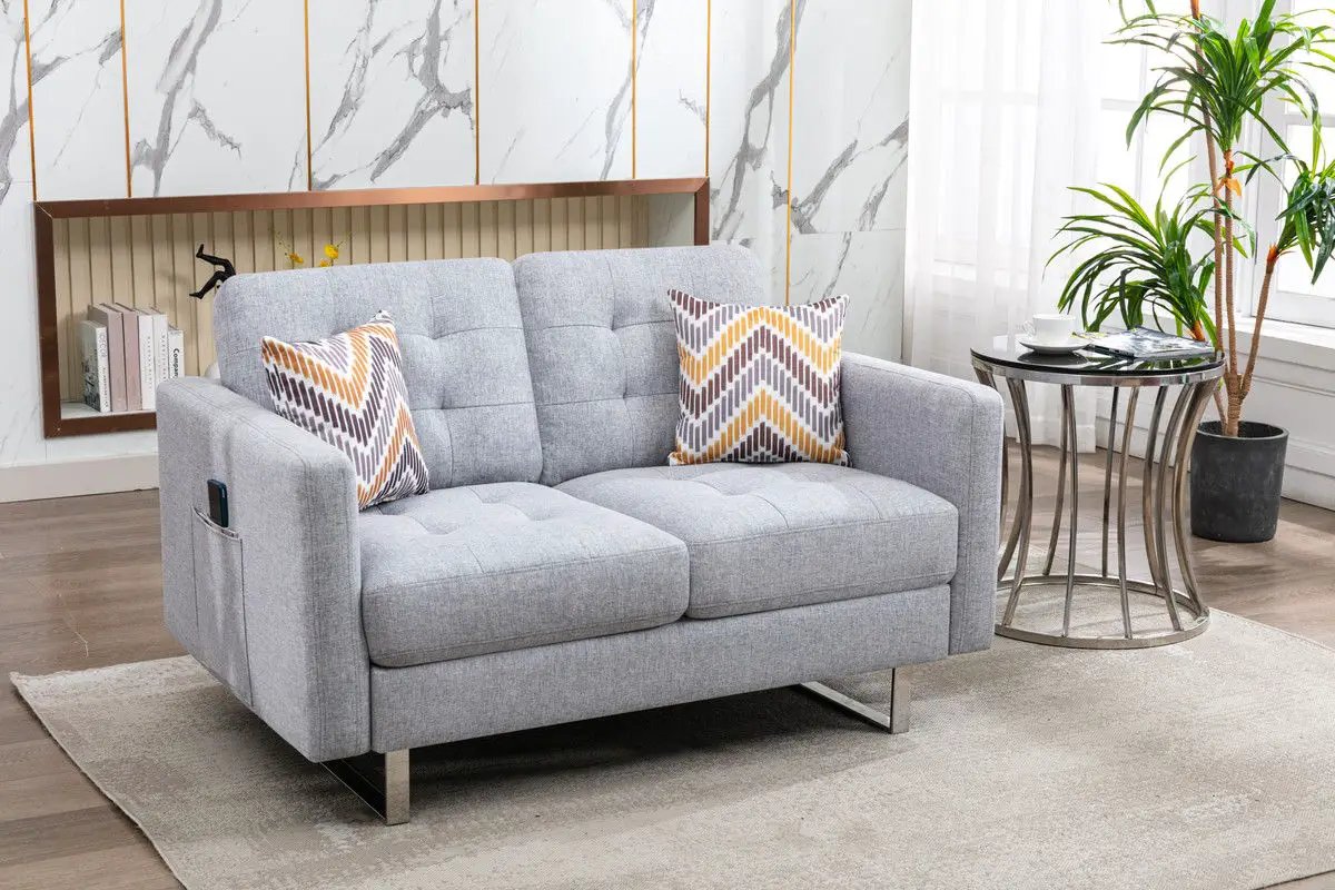 Victoria - Fabric Loveseat With Metal Legs, Side Pockets, And Pillows by HouseOfZazla
