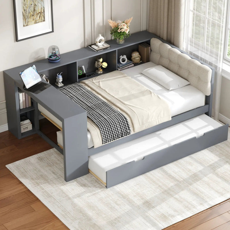 Upholstered Headboard Platform Bed with Storage Shelves, Trundle, and Charging Station by HouseOfZazla