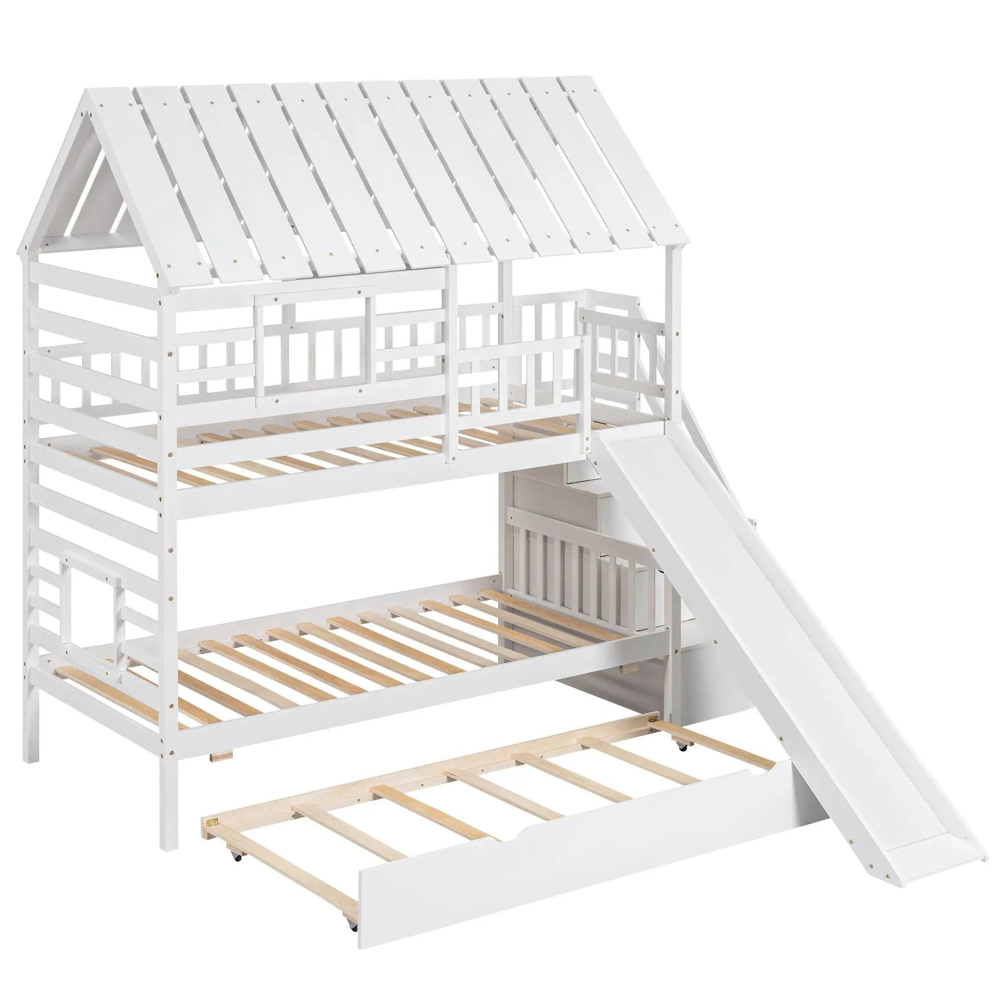 House Bunk Bed With Trundle, Storage Staircase, Roof And Window Design by HouseOfZazla