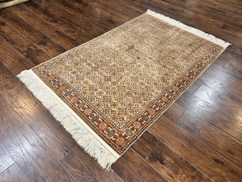 Turkish Kayseri Silk Rug 4x6, Hand Knotted Handmade Vintage Allover Pattern, Fine Silk Oriental Carpet 4 x 6 ft, Traditional Rug, Cream by Jewel Rugs