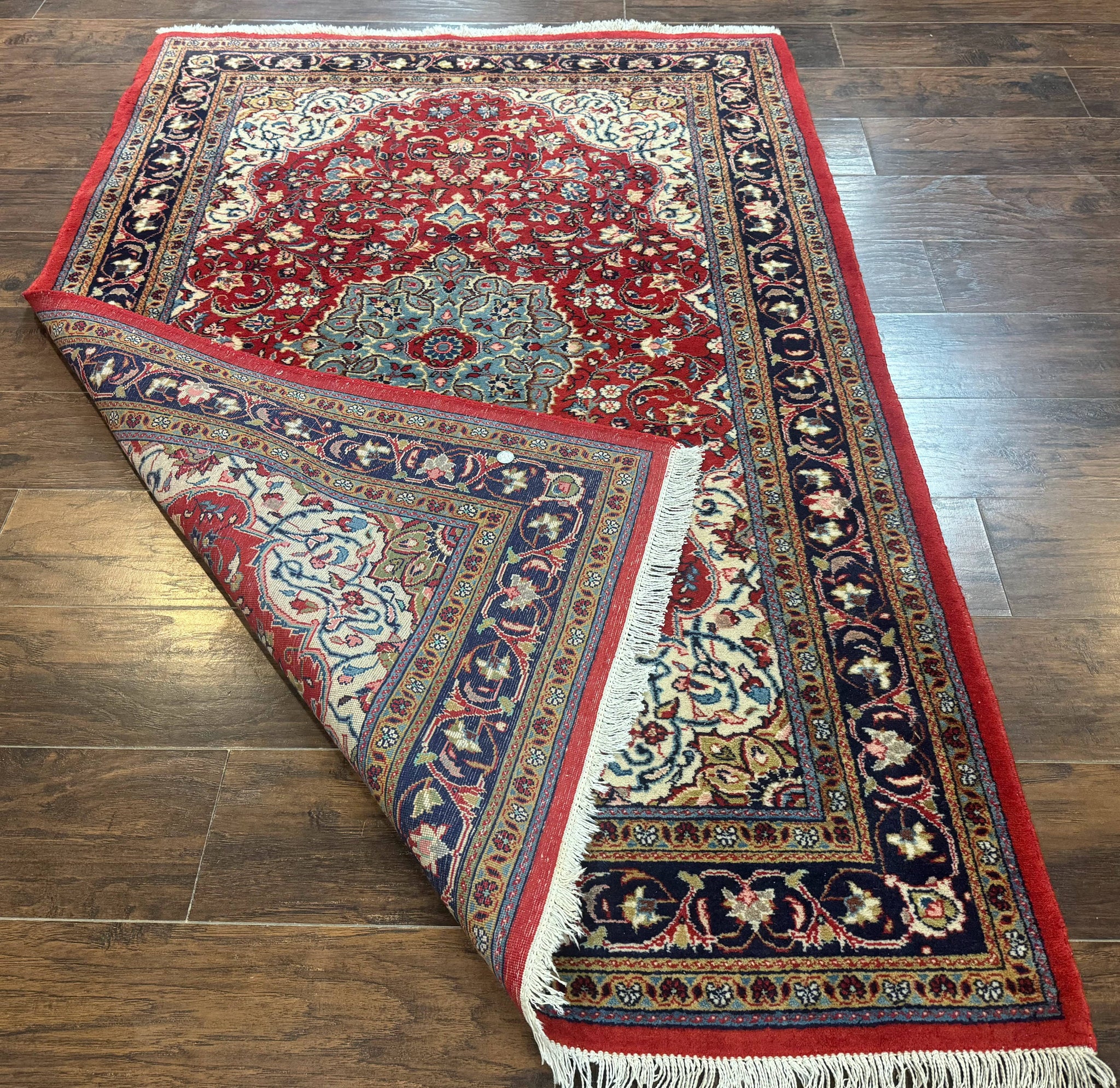 Persian Sarouk Rug 4x7, Red Navy Blue Vintage Wool Medallion Carpet by Jewel Rugs