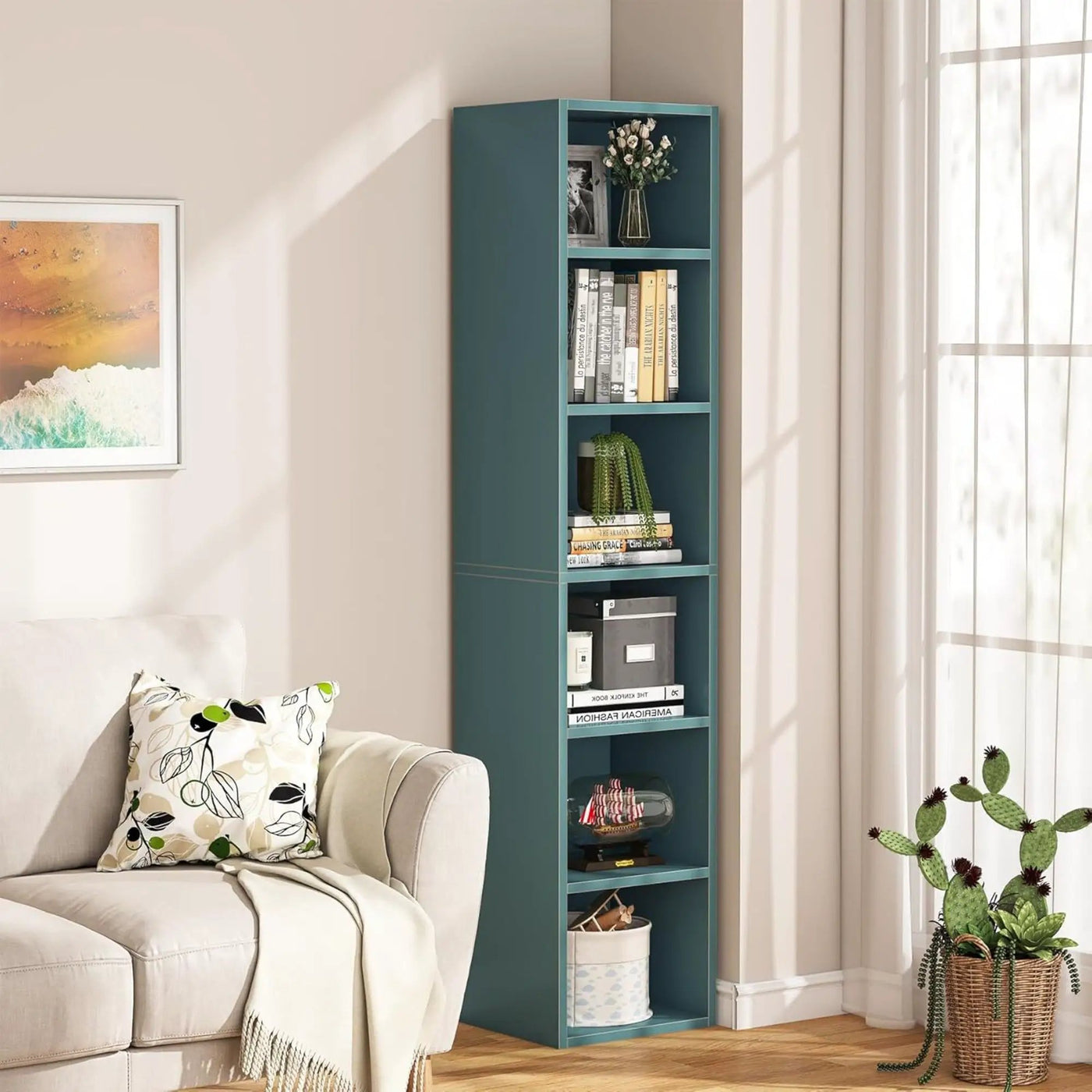 6 Tier Narrow Corner Cube Bookcase Storage, Freestanding Shelf With Open Cubes For Living Room by HouseOfZazla