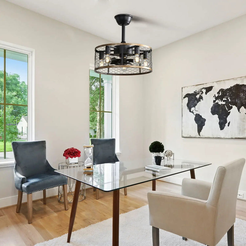20" Industrial Caged Ceiling Fan With 7 - ABS Blades Remote Control, Small Ceiling Fan Reversible DC Motor - Black by Unique Piece Furniture