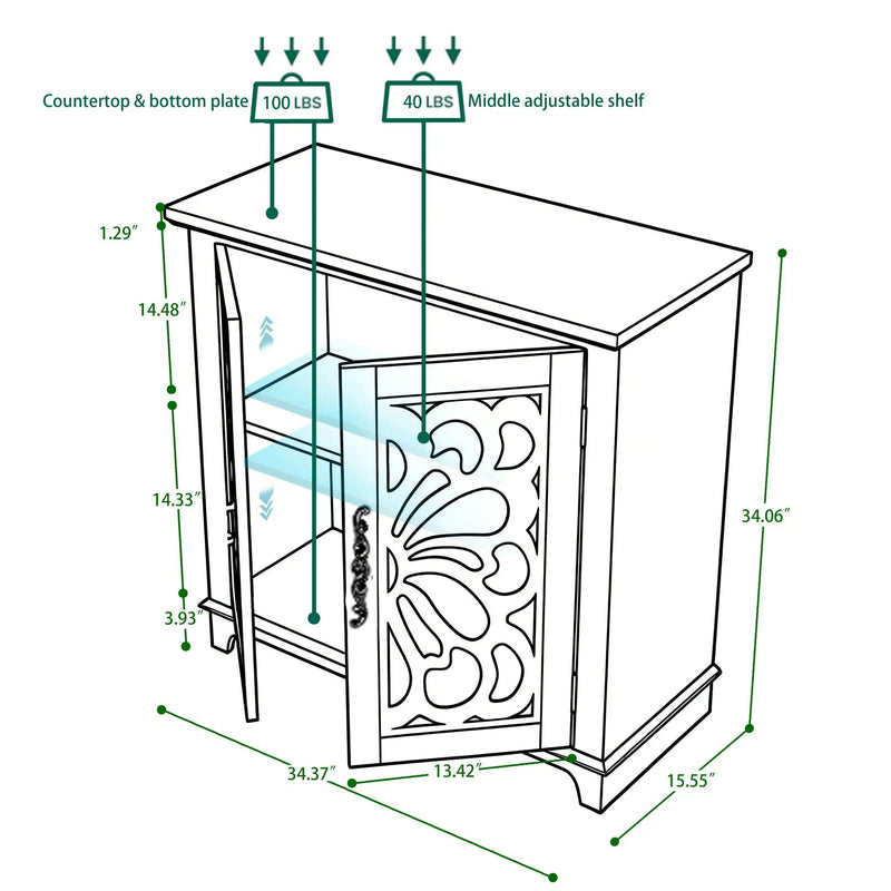 Elegant Sideboard With 2 Acrylic Mirrored Doors, Adjustable Shelf Storage