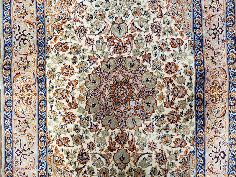 Vintage Persian Isfahan Lachak Toranj Rug, Highly Detailed, Kork Wool on Silk Foundation, Beige and Dark Blue, Hand-Knotted, 3'6" x 5' 4" by Jewel Rugs