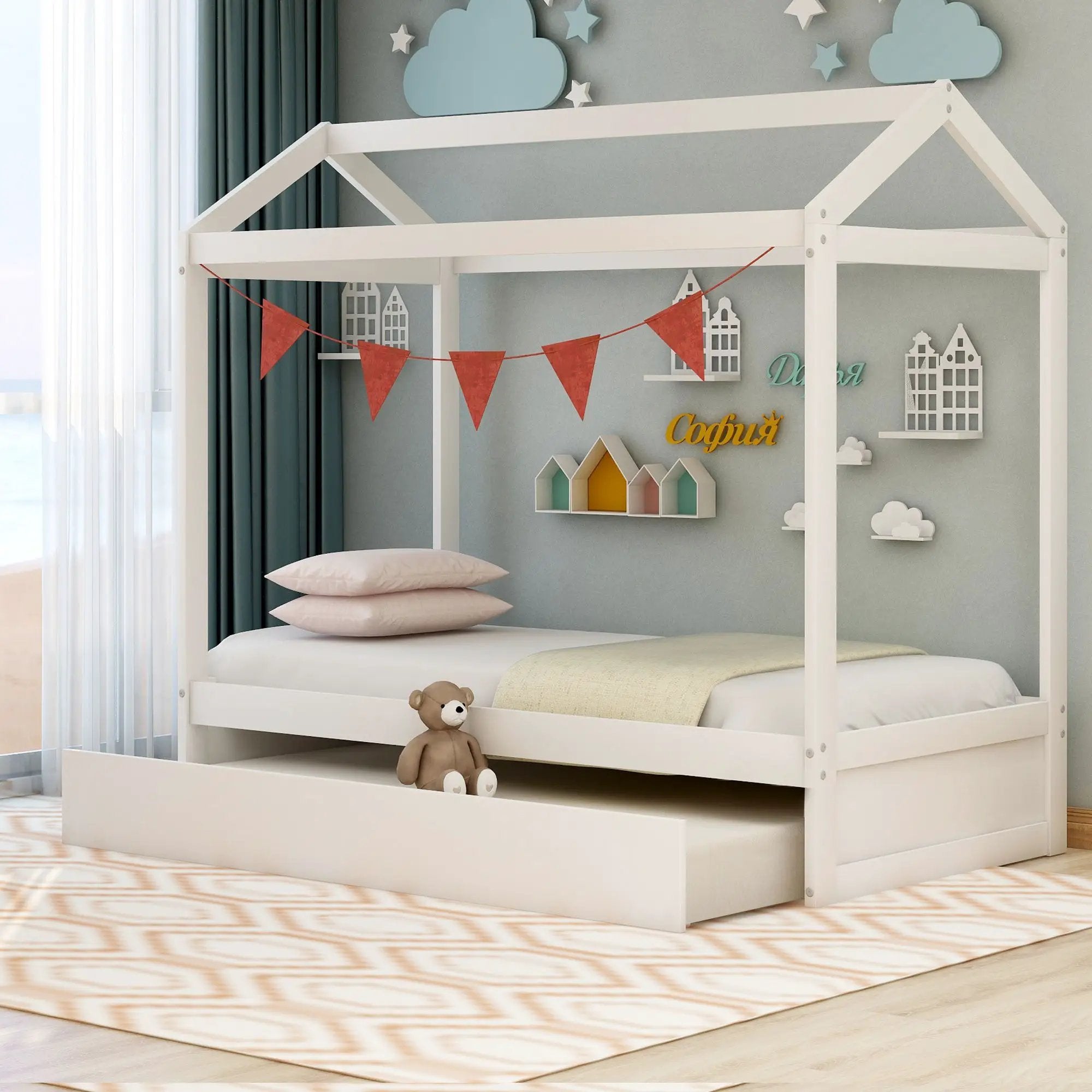 House Bed With Trundle In, Twin Size - White by Unique Piece Furniture