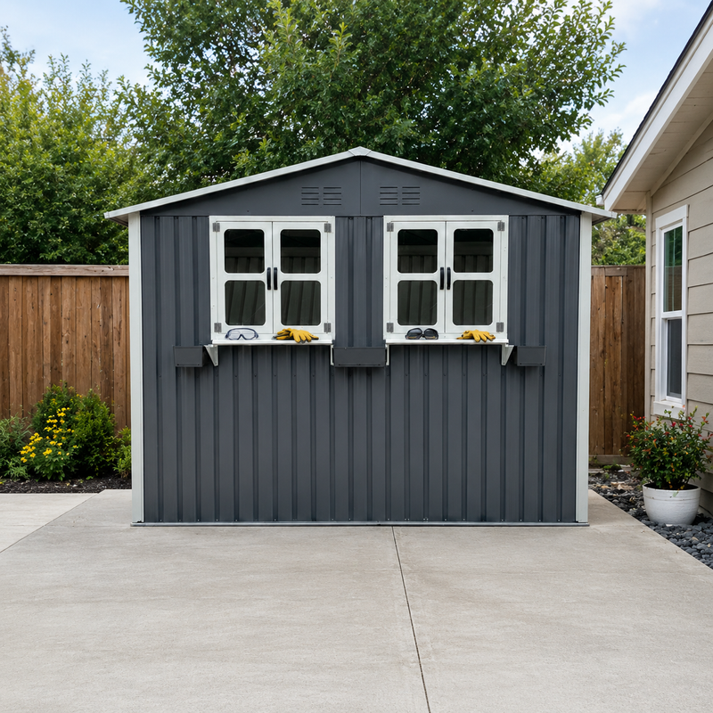 6x9 FT Outdoor Metal Storage Shed with Window & Flower Rack by HouseOfZazla